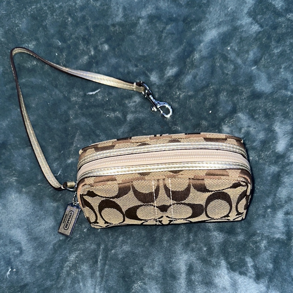 Coach Tan and Brown Signature cosmetic pouch with metallic leather accents